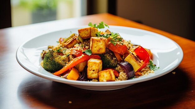 Photo roasted vegetables with quinoa and tofu bowl