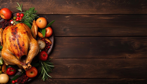 Roasted whole chicken or turkey with autumn vegetables for thanksgiving dinner on wooden background Thanksgiving Day concept Top view copy space