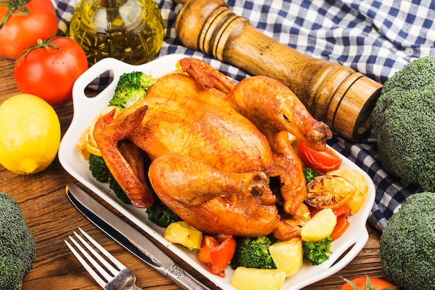 Roasted whole chicken with Christmas decoration