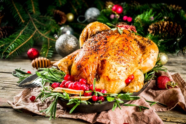 Roasted whole chicken with Christmas decoration