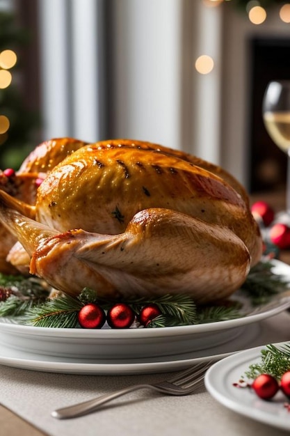 Roasted whole chicken with Christmas decoration