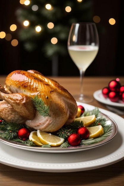 Roasted whole chicken with Christmas decoration