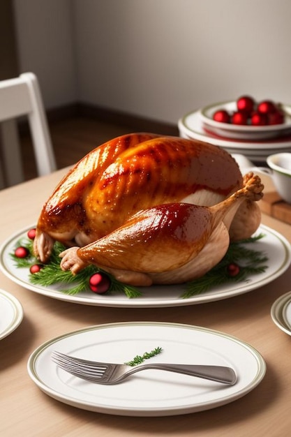 Roasted whole chicken with Christmas decoration