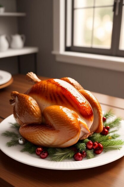 Roasted whole chicken with Christmas decoration