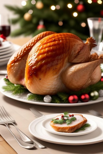 Roasted whole chicken with Christmas decoration