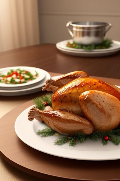 Roasted whole chicken with Christmas decoration