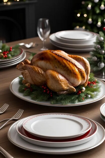 Roasted whole chicken with Christmas decoration