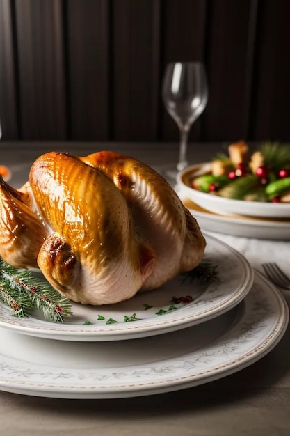 Roasted whole chicken with Christmas decoration