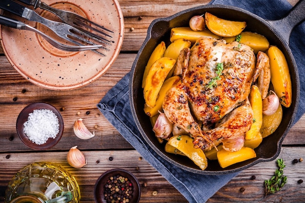 Roasted whole chicken with potatoes and thyme in a cast iron skillet