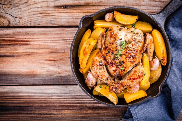 Roasted whole chicken with potatoes and thyme in a cast iron skillet