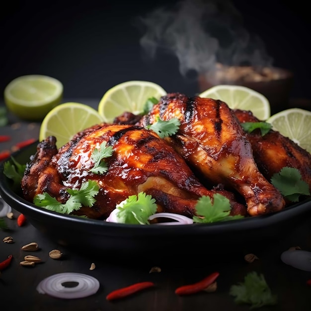 Roasted whole chicken with vegetables and spices on a grill pan