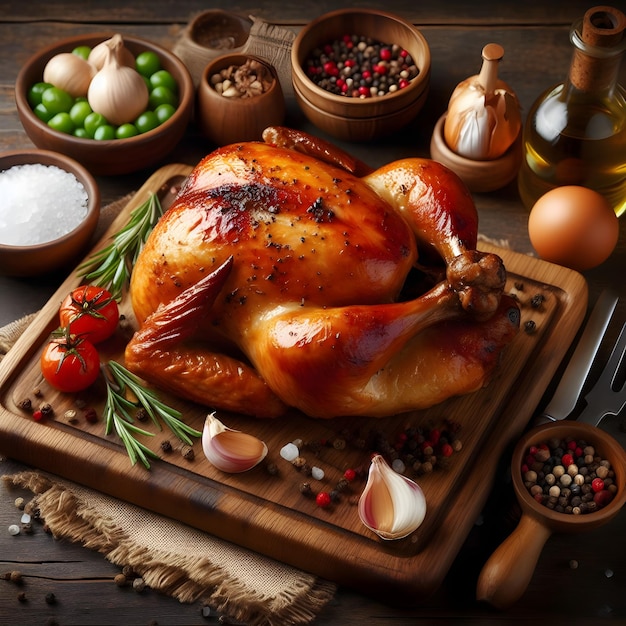 Roasted whole chicken on wooden cutting board