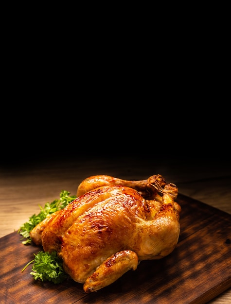 Roasted whole chicken on wooden cutting board.