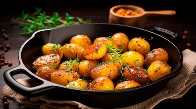 Обжаренные целые маленькие картофели с розмарином и солью в сковородке с красной корой аппетитное блюдо