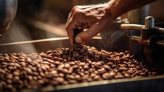 Roasting coffee beans on special machinery Created with Generative AI technology
