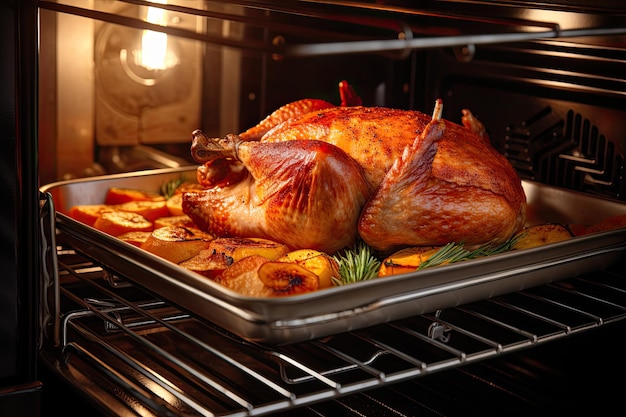 Photo roasting turkey in the oven for holiday dinner