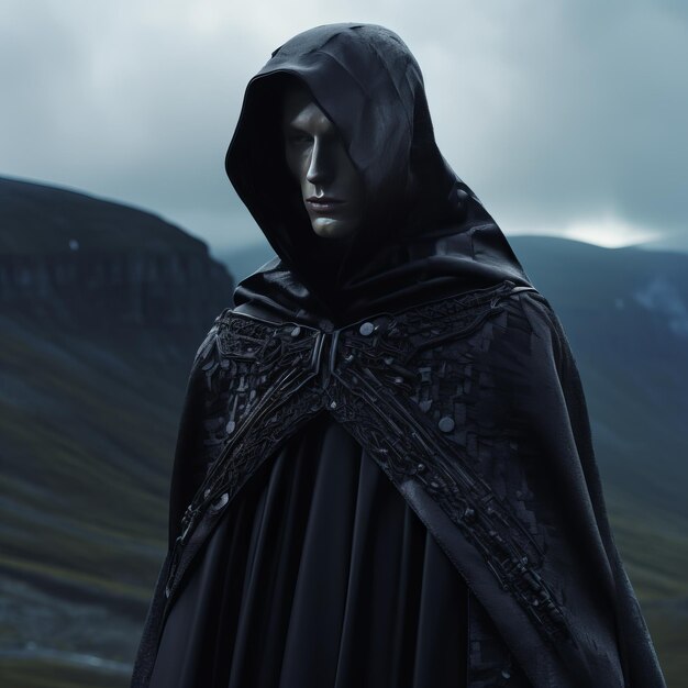 Photo the robed cyborg a humanoid figure blending technology and humanity amidst the majestic mountains