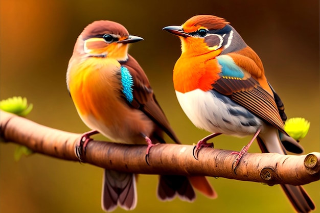 Robin bird Cute little spring couple birds with colorful feathers on a tree branch generative ai