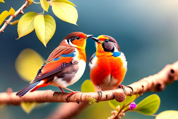 Robin bird Cute little spring couple birds with colorful feathers on a tree branch generative ai