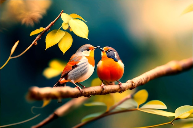 Robin bird Cute little spring couple birds with colorful feathers on a tree branch generative ai