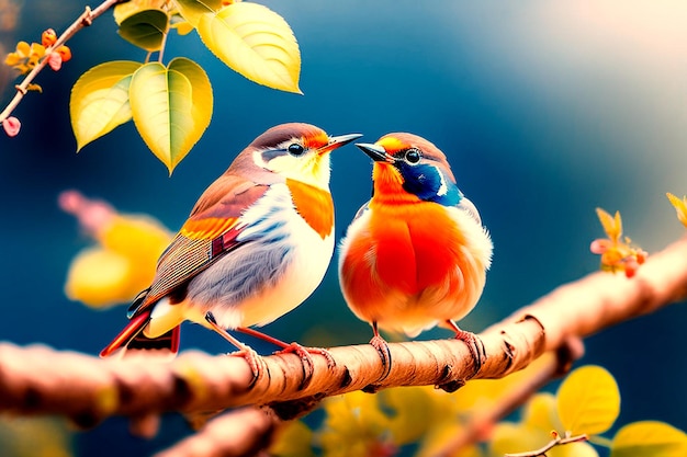 Robin bird cute little spring couple birds with colorful feathers on a tree branch generative ai