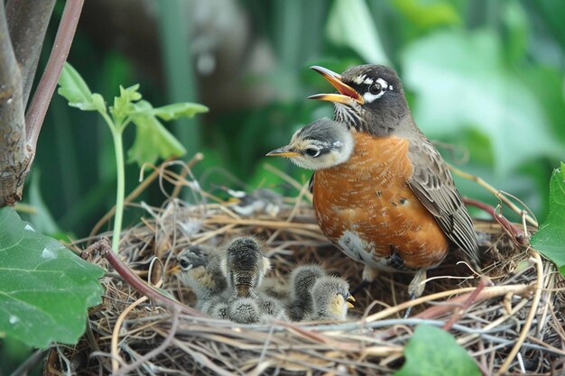 A robin feeding its chicks in a nest