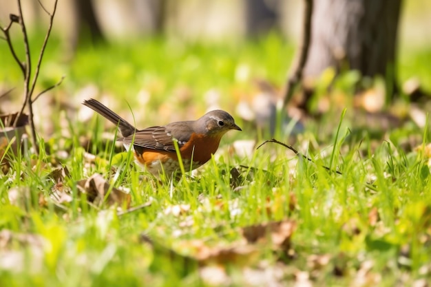 A robin hunting for worms in a meadow