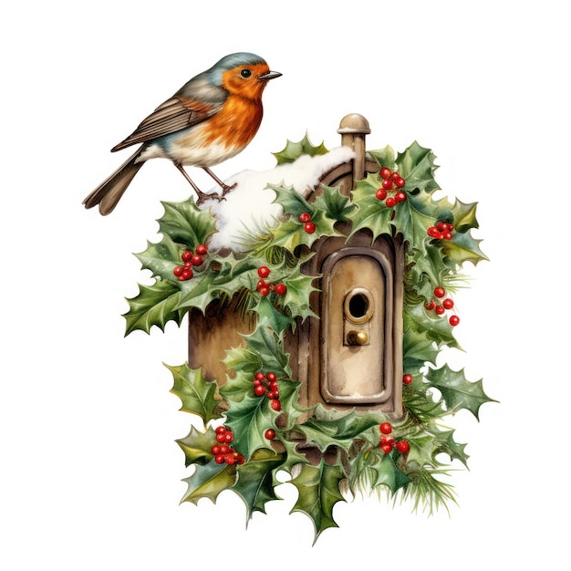 Robin on a mailbox covered in holly nature's postal charm perfectly encapsulated isolated on whit