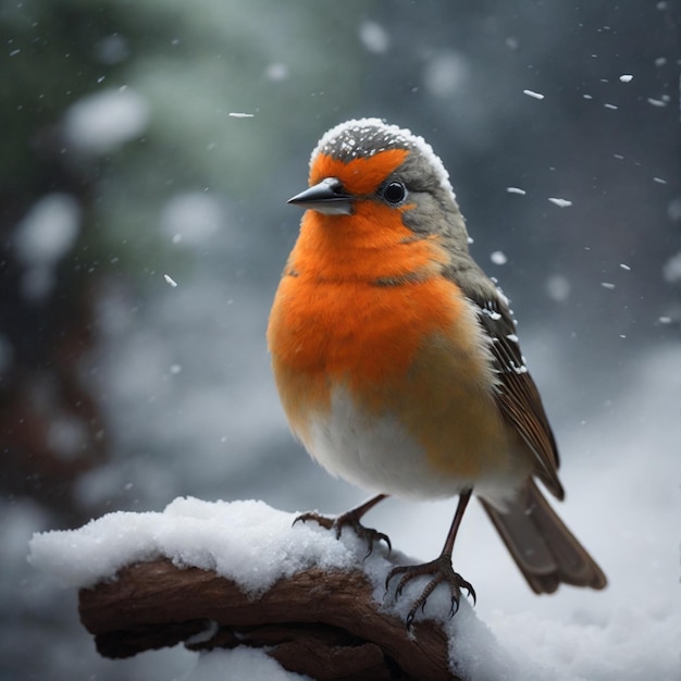 Photo a robin perched on a fence covered with snow during a snowfall generative ai