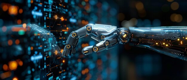 Robot A39s hand aanraken een moderne interface en AI woord kunstmatige intelligentie verbinding technologie en een nieuw tijdperk van innovatie machine learning AI technologie en wetenschap