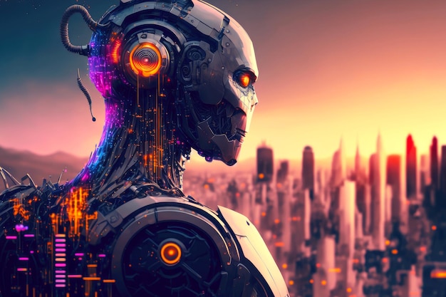 Robot against backdrop of futuristic city with digital technologies and intelligent city networks connections generative ai