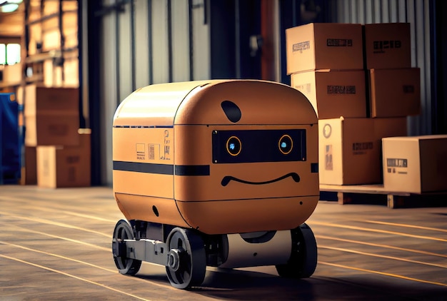 Robot AGV transporting cardboard box in warehouse background Technology innovation and delivery concept Generative AI