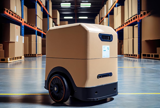 Robot AGV transporting cardboard box in warehouse background Technology innovation and delivery concept Generative AI