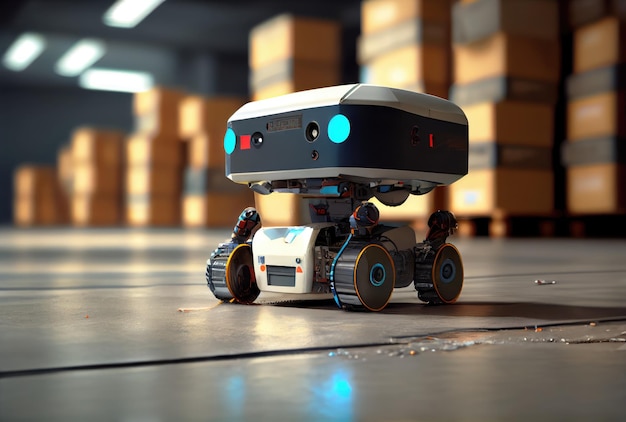 창고 배경에서 골판지 상자를 운반하는 로봇 AGV 기술 혁신 및 배송 개념 Generative AI