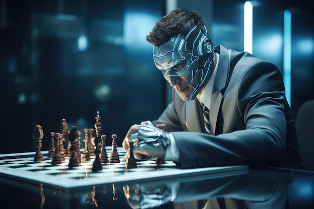 Premium AI Image  Robot With Humanlike Face Playing Chess Against Computer  Screen Displaying Virtual Opponent Generative AI