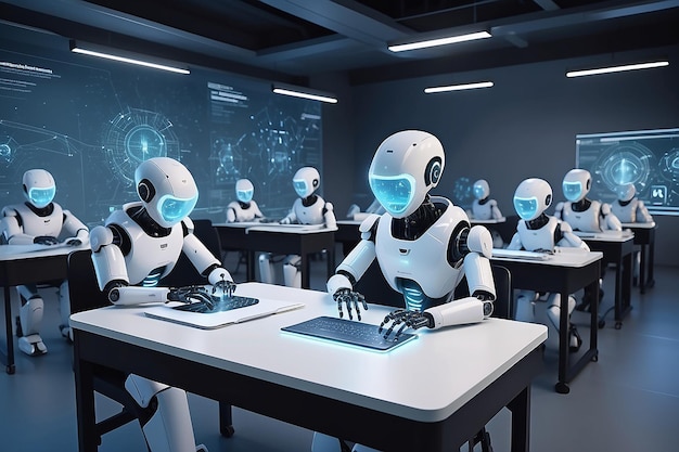 Robot Ai technology is teaching students in futuristic classroom Generative Ai