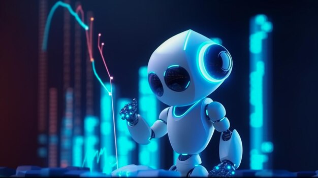 Робот анализирует график фондового рынка для роста бизнеса и инвестиций в искусственный интеллект