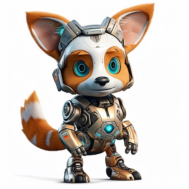 A robot animal with a fox head and a helmet.