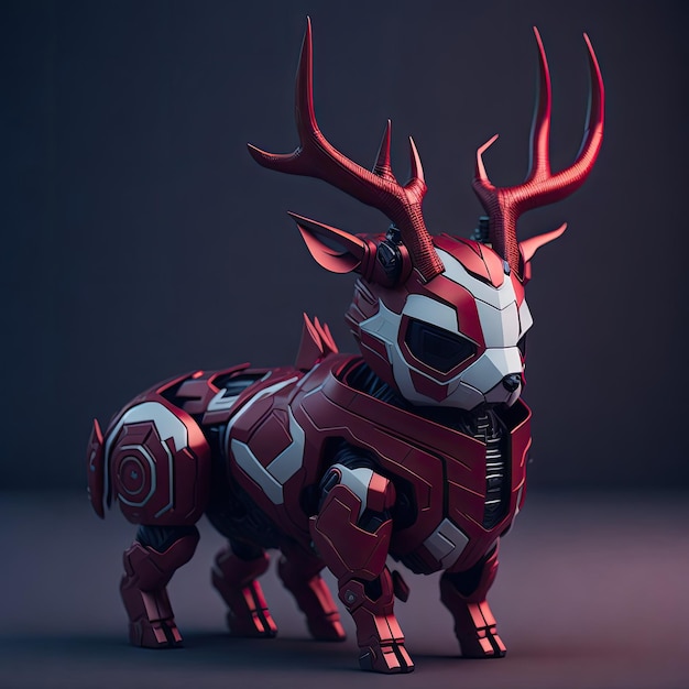 A robot animal with a red antlers and a silver head.