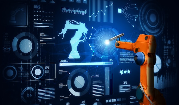 Robot arm AI analyzing mathematics for mechanized industry problem solving