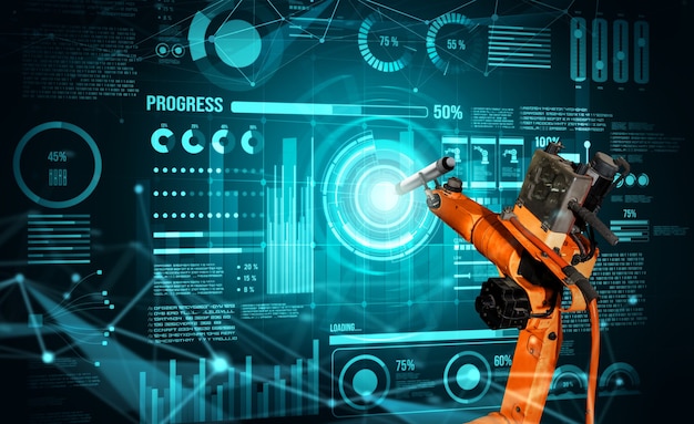 robot arm ai analyzing mathematics for mechanized industry problem solving