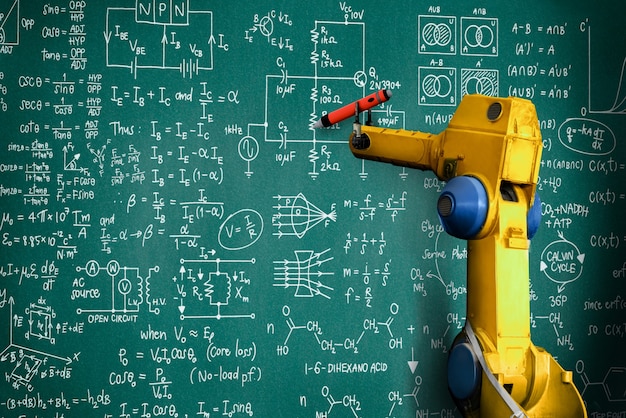 L'intelligenza artificiale del braccio robotico analizza la matematica per la risoluzione dei problemi dell'industria meccanizzata