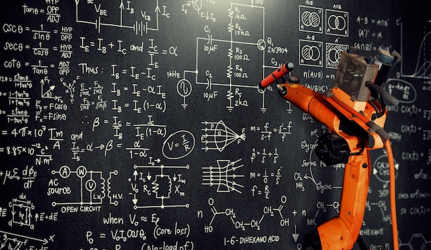 Robot arm AI analyzing mathematics for mechanized industry problem solving