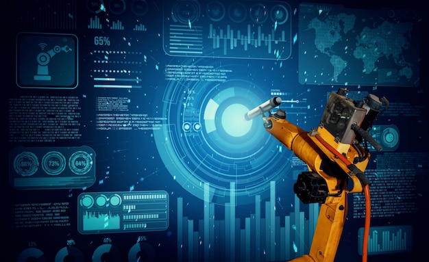 Robot arm AI analyzing mathematics for mechanized industry problem solving