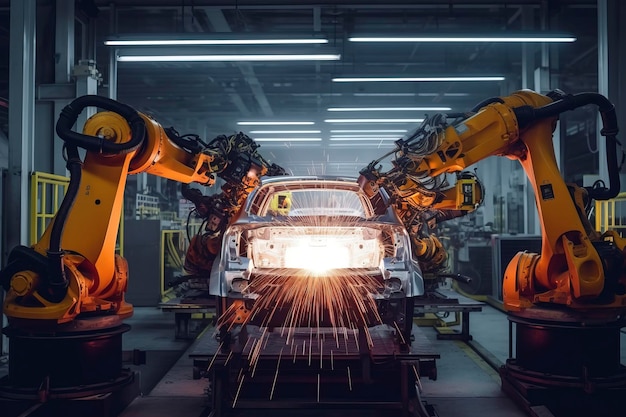 The robot arm of the car manufacturing line is welding the carAI technology generated image