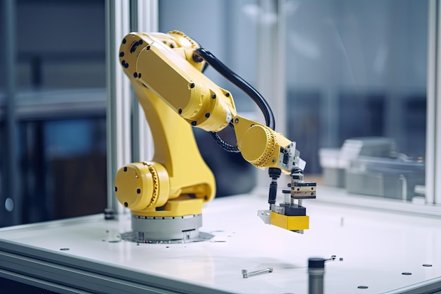 Robot arm carrying component to workstation for assembly created with generative ai