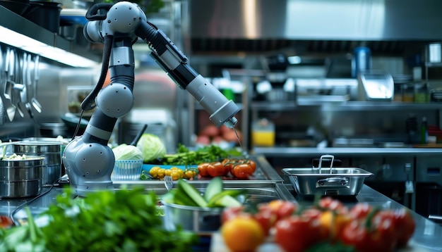 Photo a robot arm is reaching for a tomato on a table by ai generated image