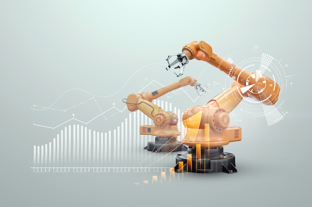 공장에서 로봇 팔 조작기. 산업 자동화 기술. IoT 기술 개념, 스마트 팩토리. 디지털 제조 운영. 3D 렌더링, 3D 그림.