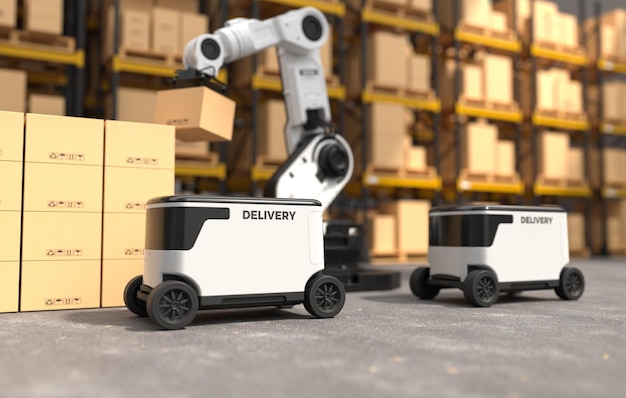 The Robot arm picks up the box Autonomous