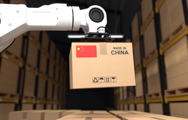 The Robot arm picks up the cardboard box Made in China